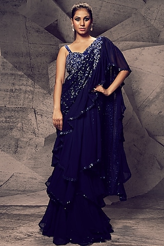 Blue Georgette Sequins Embroidered Saree Set by Archana Kochhar