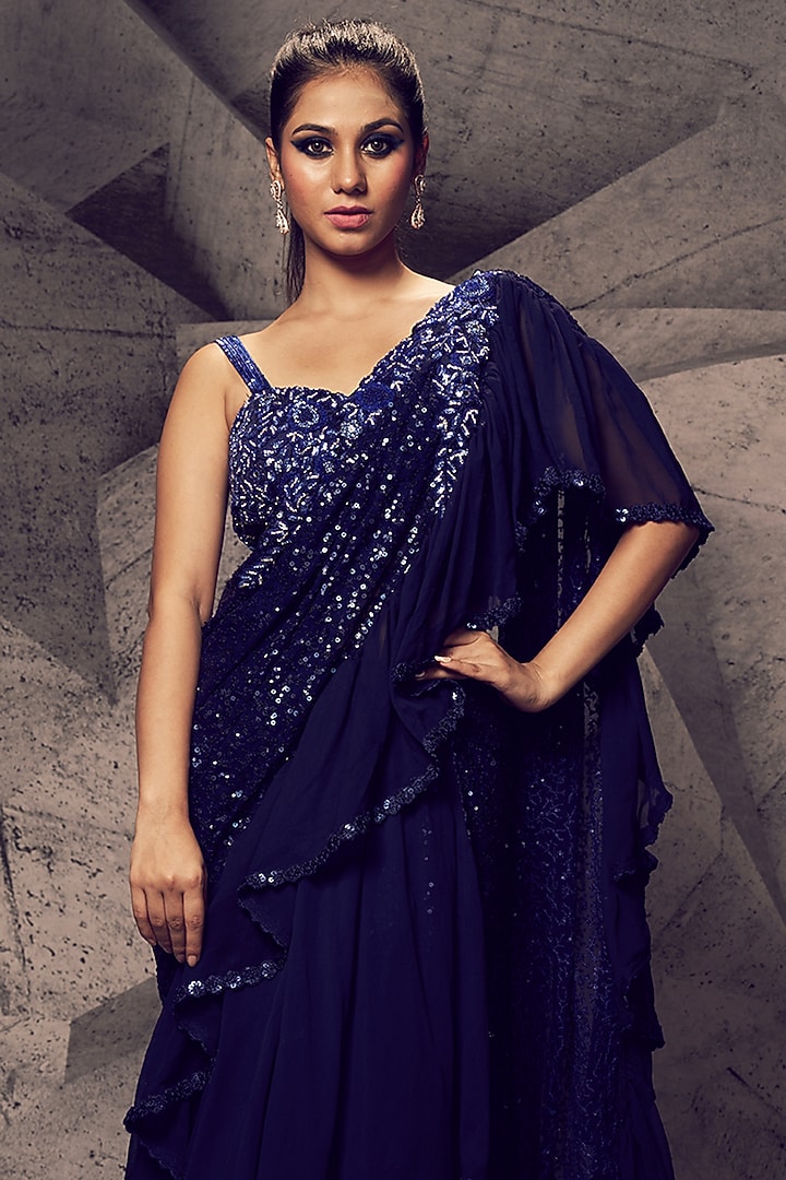 Blue Georgette Sequins Embroidered Wedding Saree Set by Archana Kochhar at Pernia's Pop Up Shop