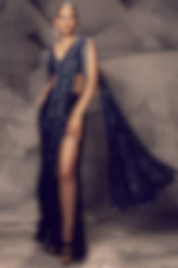 Blue Georgette Sequins Embroidered Wedding Saree Set by Archana Kochhar at Pernia's Pop Up Shop