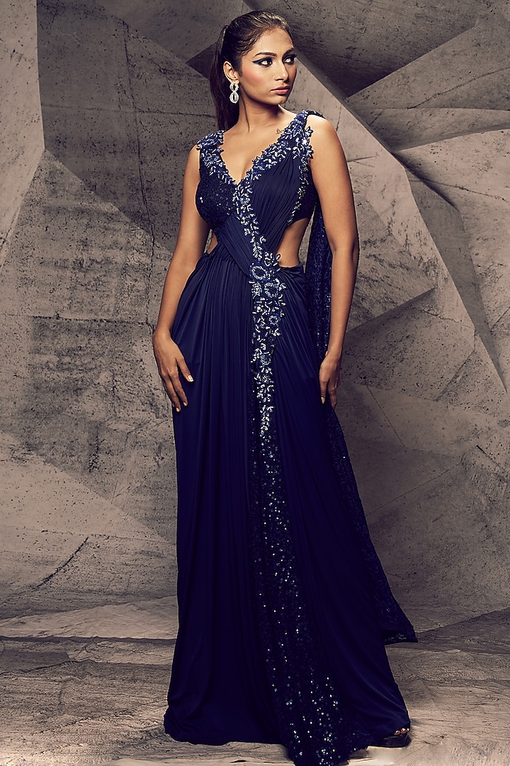 Blue Lycra Sequins Embroidered Engagement Gown by Archana Kochhar at Pernia's Pop Up Shop
