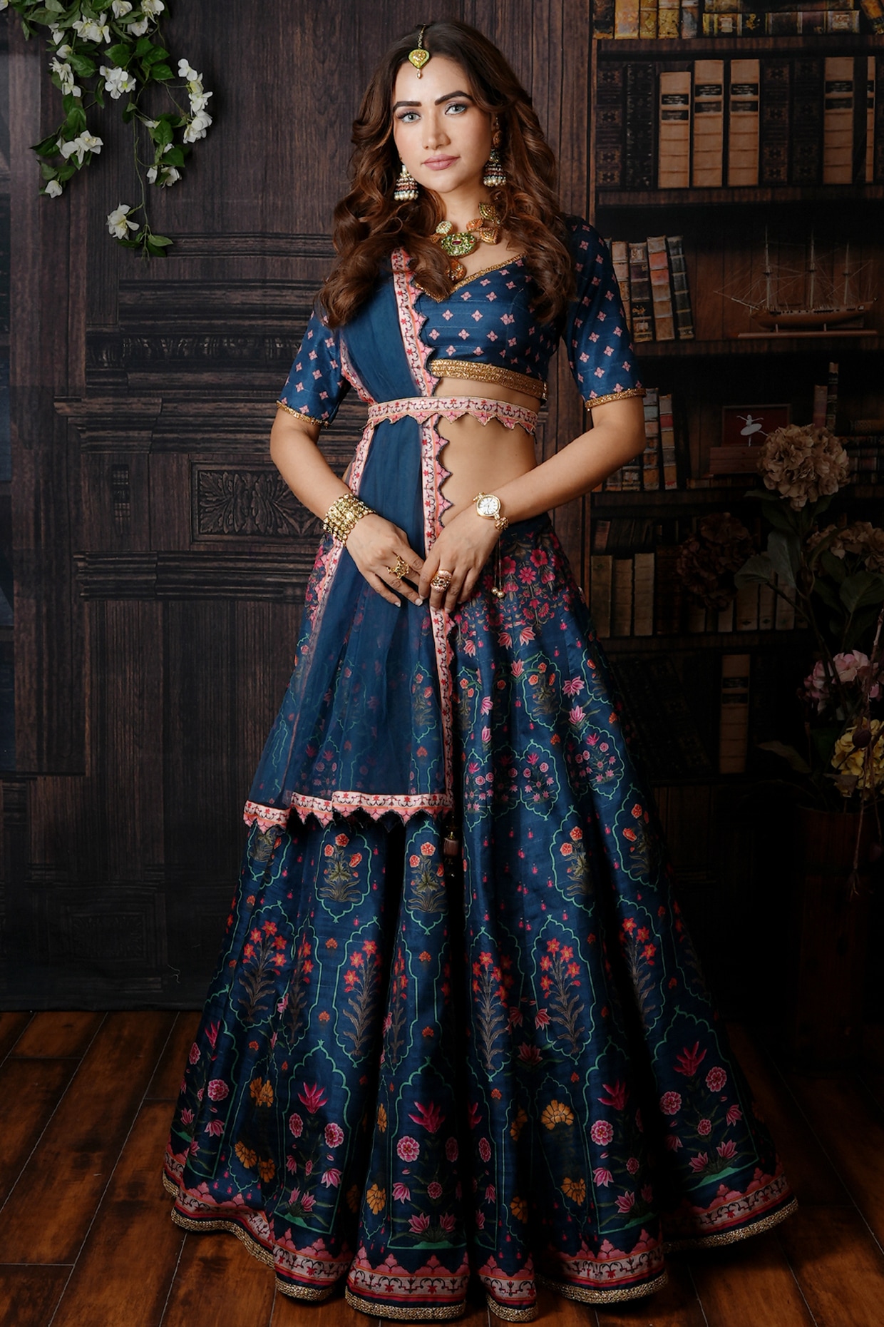 Photo of Silver Lace Lehenga with Royal Blue Sequin Blouse