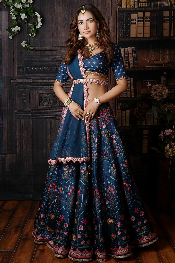 Midnight Blue Raw Silk Digital Printed Lehenga Set by Archana Kochhar