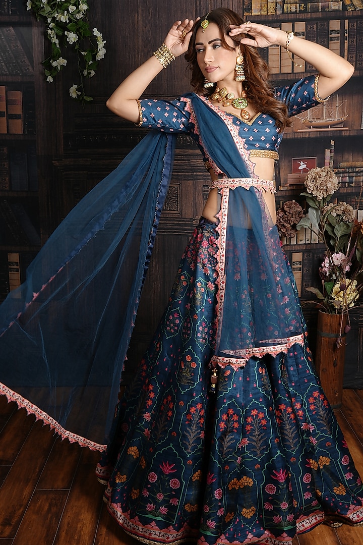 Midnight Blue Raw Silk Digital Printed Lehenga Set by Archana Kochhar at Pernia's Pop Up Shop