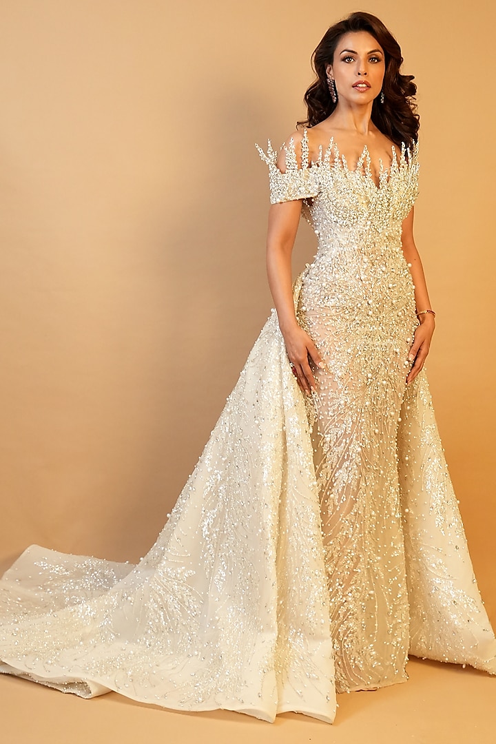 Ivory Tulle Sequins & Cutdana Hand Embroidered Gown With Trail by Archana Kochhar at Pernia's Pop Up Shop