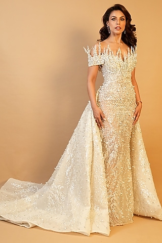Ivory Tulle Sequins & Cutdana Hand Embroidered Gown With Trail by Archana Kochhar