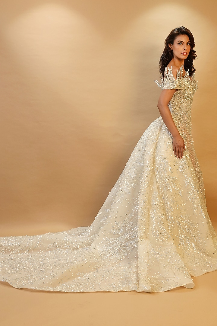 Ivory Tulle Sequins & Cutdana Hand Embroidered Bridal Gown With Trail by Archana Kochhar at Pernia's Pop Up Shop