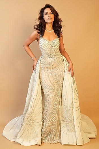 Ivory Tulle Crystal Hand Embroidered Bridal Gown With Trail by Archana Kochhar at Pernia's Pop Up Shop