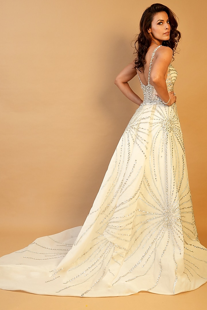 Ivory Tulle Crystal Hand Embroidered Bridal Gown With Trail by Archana Kochhar at Pernia's Pop Up Shop