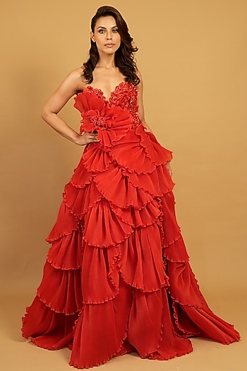 Red Organza Sequins & Cutdana Hand Embroidered Bridal Gown by Archana Kochhar at Pernia's Pop Up Shop