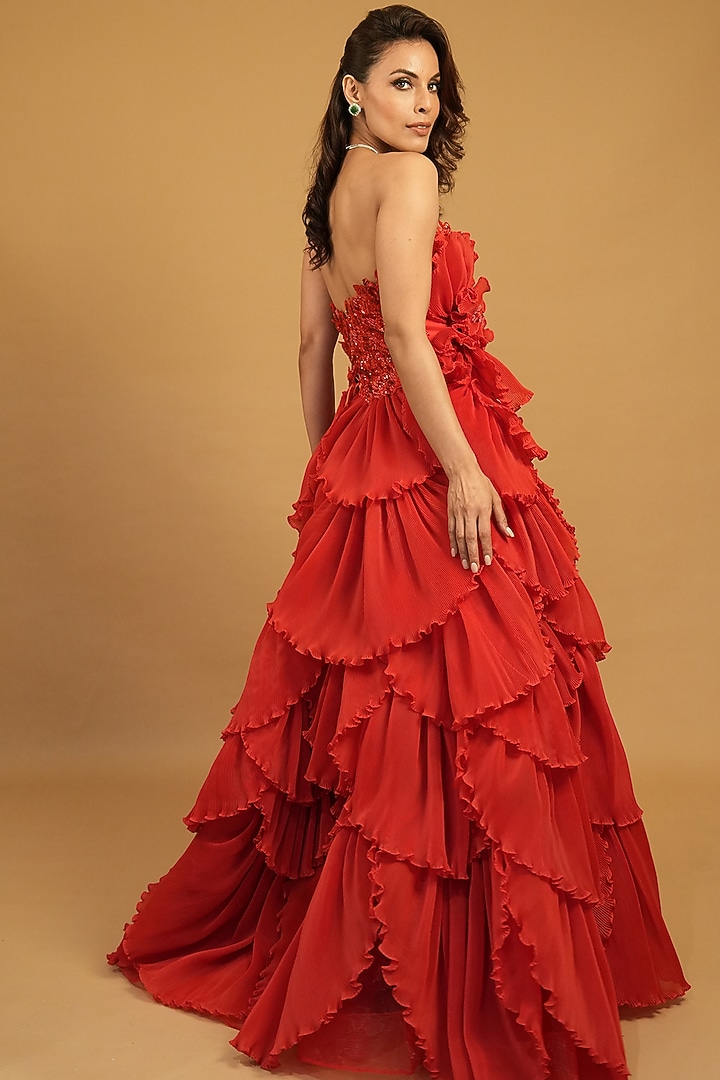 Red Organza Sequins & Cutdana Hand Embroidered Bridal Gown by Archana Kochhar at Pernia's Pop Up Shop