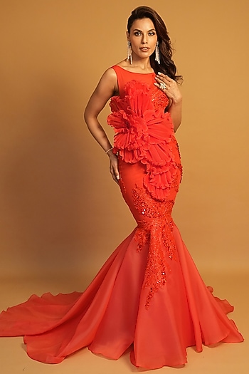 Red Organza Floral & Cutdana Hand Embroidered Wedding Gown by Archana Kochhar at Pernia's Pop Up Shop
