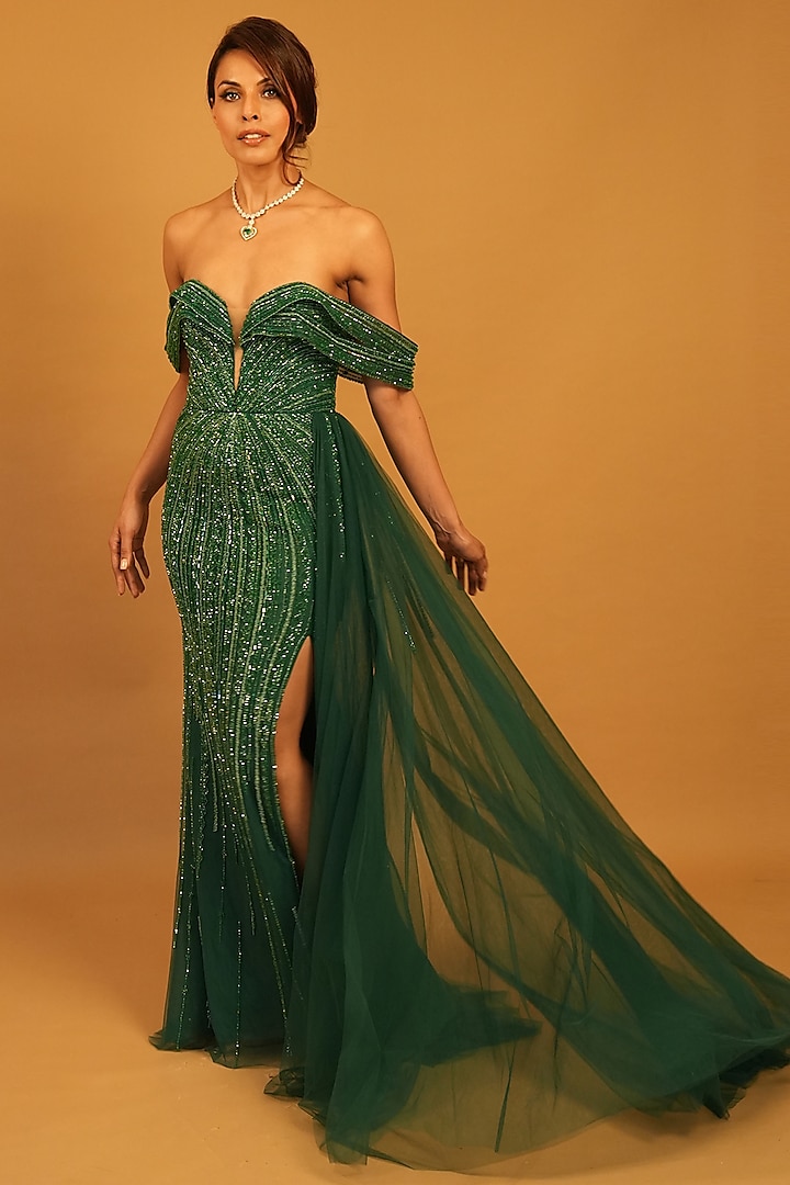 Emerald Tulle Sequins Hand Embroidered Gown by Archana Kochhar at Pernia's Pop Up Shop