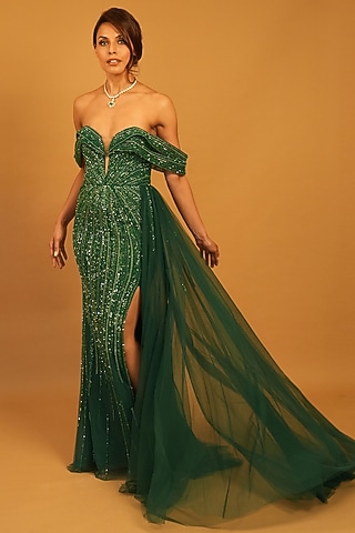 Emerald Tulle Sequins Hand Embroidered Gown by Archana Kochhar