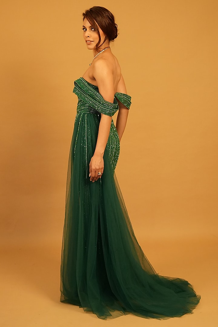 Emerald Tulle Sequins Hand Embroidered Bridal Gown by Archana Kochhar at Pernia's Pop Up Shop