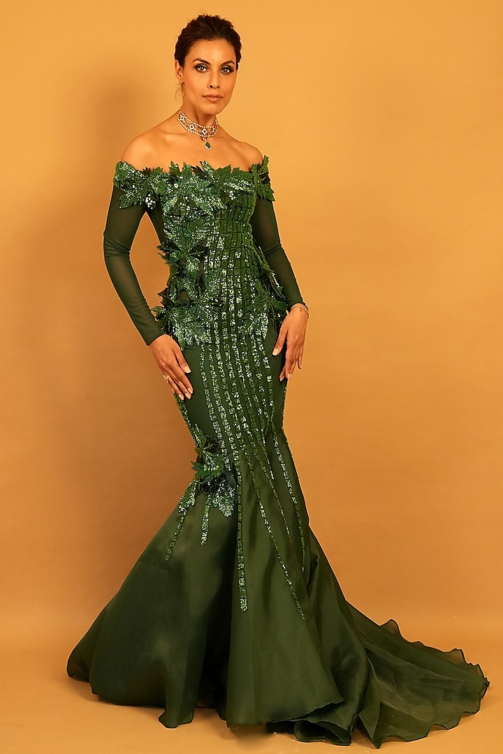 Emerald Organza 3D Floral Hand Embroidered Gown by Archana Kochhar at Pernia's Pop Up Shop