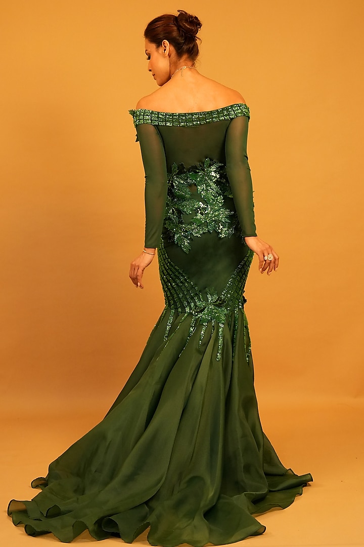 Emerald Organza 3D Floral Hand Embroidered Bridal Gown by Archana Kochhar at Pernia's Pop Up Shop