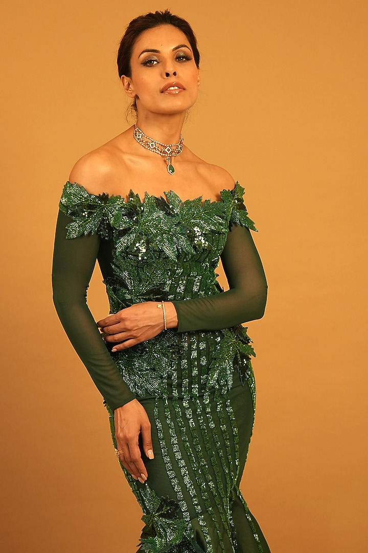 Emerald Organza 3D Floral Hand Embroidered Bridal Gown by Archana Kochhar at Pernia's Pop Up Shop