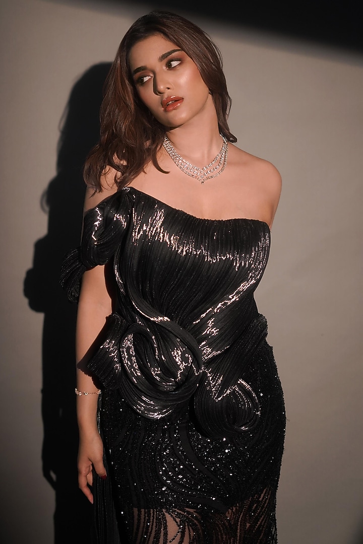 Black Net & Glass Tissue Satin Bead Hand Embroidered Wedding Gown by Archana Kochhar at Pernia's Pop Up Shop