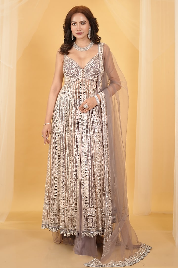 Lilac Grey Net Floral Thread Embellished Anarkali Set by Archana Kochhar at Pernia's Pop Up Shop