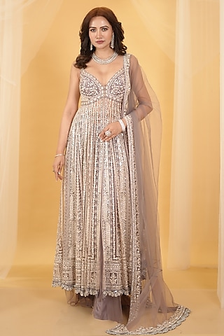 Lilac Grey Net Floral Thread Embellished Anarkali Set by Archana Kochhar