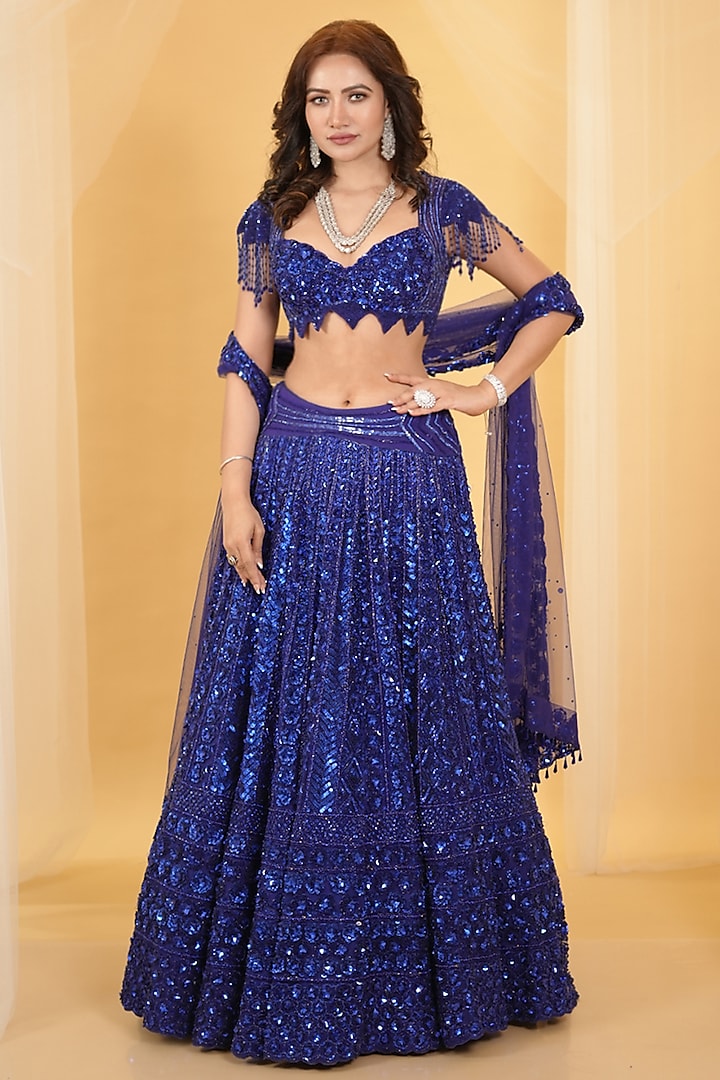 Royal Blue Net Hand Embellished Bridal Lehenga Set by Archana Kochhar at Pernia's Pop Up Shop