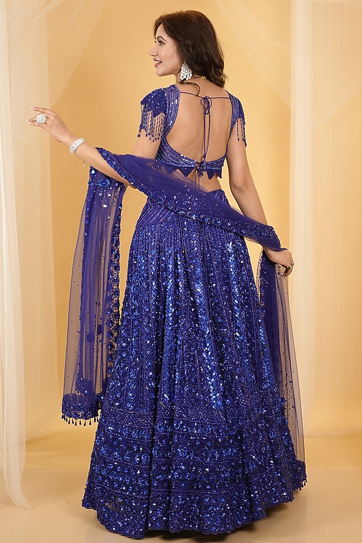 Royal Blue Net Hand Embellished Bridal Lehenga Set by Archana Kochhar at Pernia's Pop Up Shop