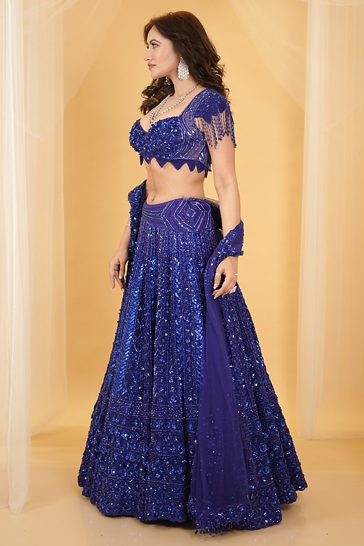 Royal Blue Net Hand Embellished Bridal Lehenga Set by Archana Kochhar at Pernia's Pop Up Shop