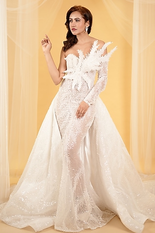Ivory Tulle Crystal Embroidered Gown With Trail by Archana Kochhar