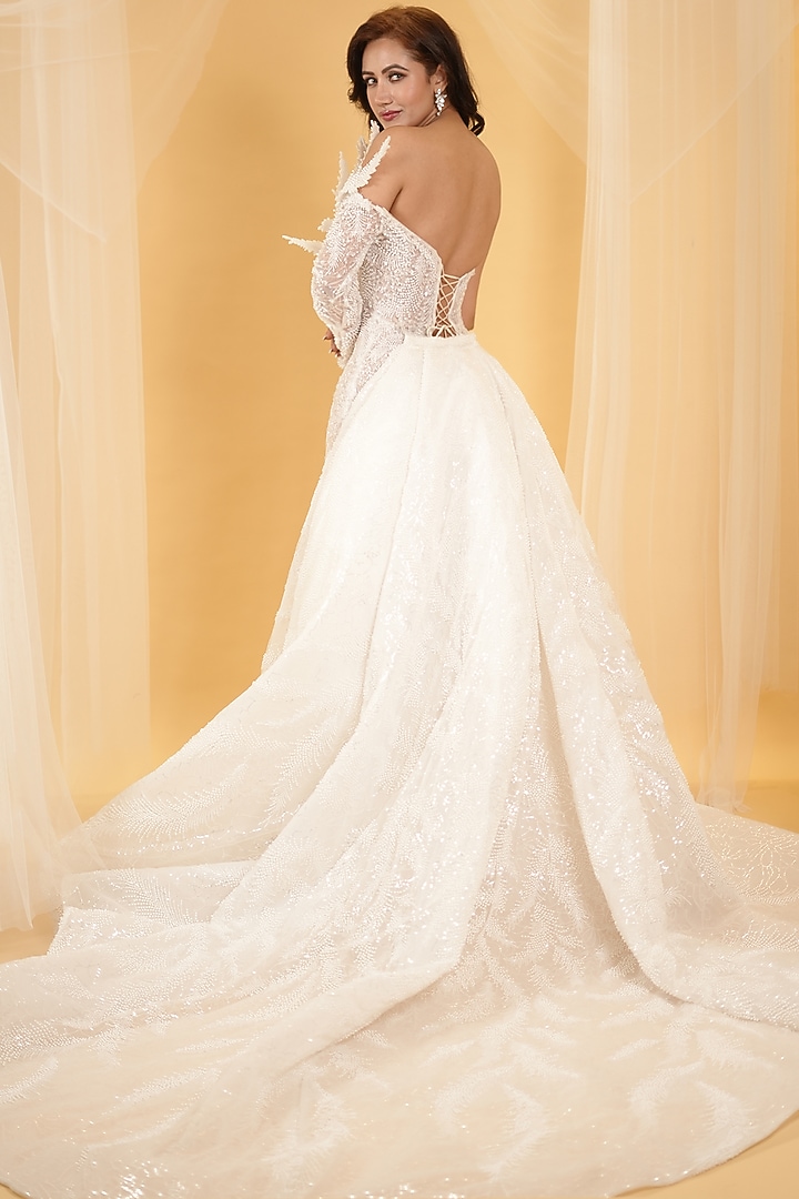 Ivory Tulle Crystal Embroidered Bridal Gown With Trail by Archana Kochhar at Pernia's Pop Up Shop