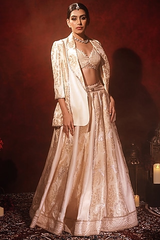 Ivory Brocade Silk & Raw Silk Embroidered Lehenga Set by Archana Kochhar