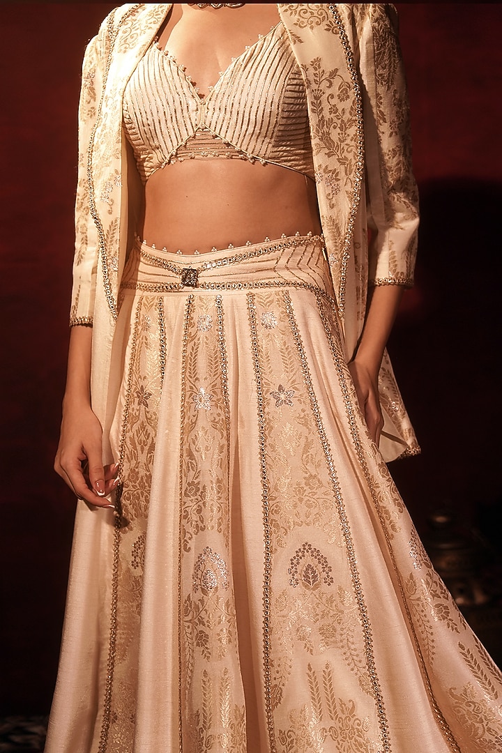 Ivory Brocade Silk & Raw Silk Embroidered Wedding Lehenga Set by Archana Kochhar at Pernia's Pop Up Shop