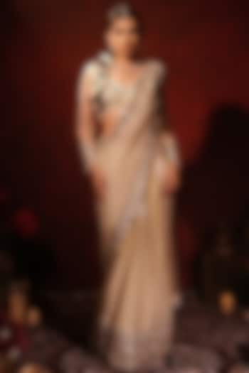 Ivory Shimmer Georgette & Net Embroidered Reception Saree Set by Archana Kochhar at Pernia's Pop Up Shop