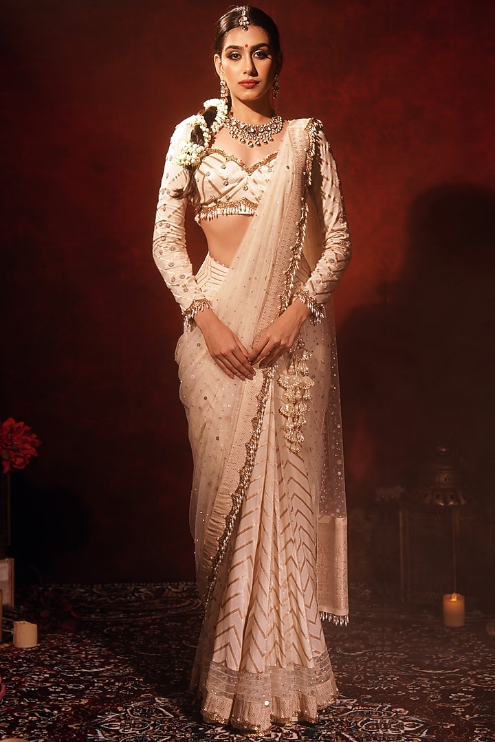 Ivory Brocade Silk & Net Embroidered Kali Reception Saree Set by Archana Kochhar at Pernia's Pop Up Shop
