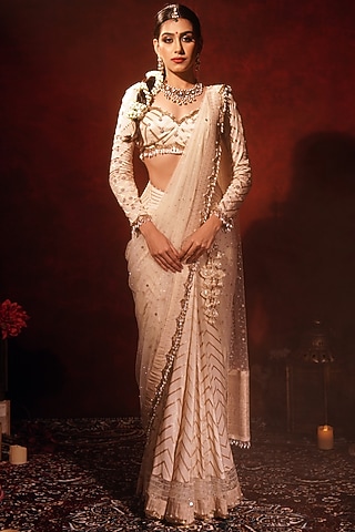 Ivory Brocade Silk & Net Embroidered Kali Saree Set by Archana Kochhar