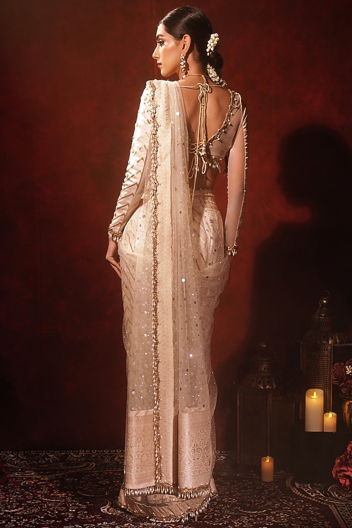 Ivory Brocade Silk & Net Embroidered Kali Reception Saree Set by Archana Kochhar at Pernia's Pop Up Shop