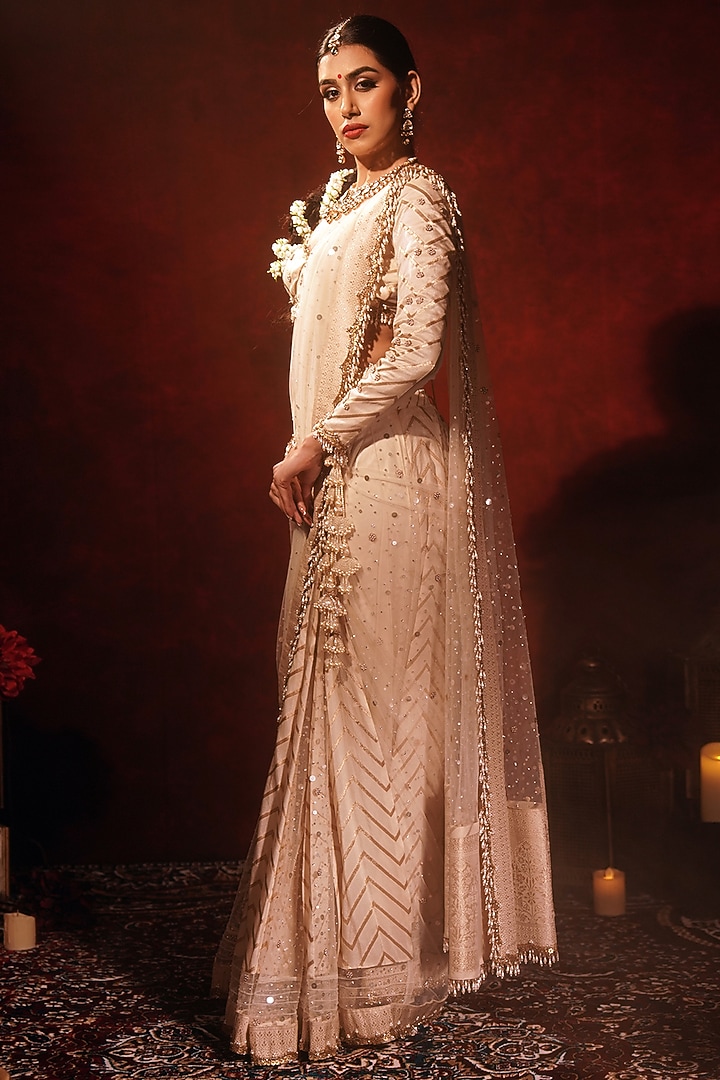 Ivory Brocade Silk & Net Embroidered Kali Reception Saree Set by Archana Kochhar at Pernia's Pop Up Shop