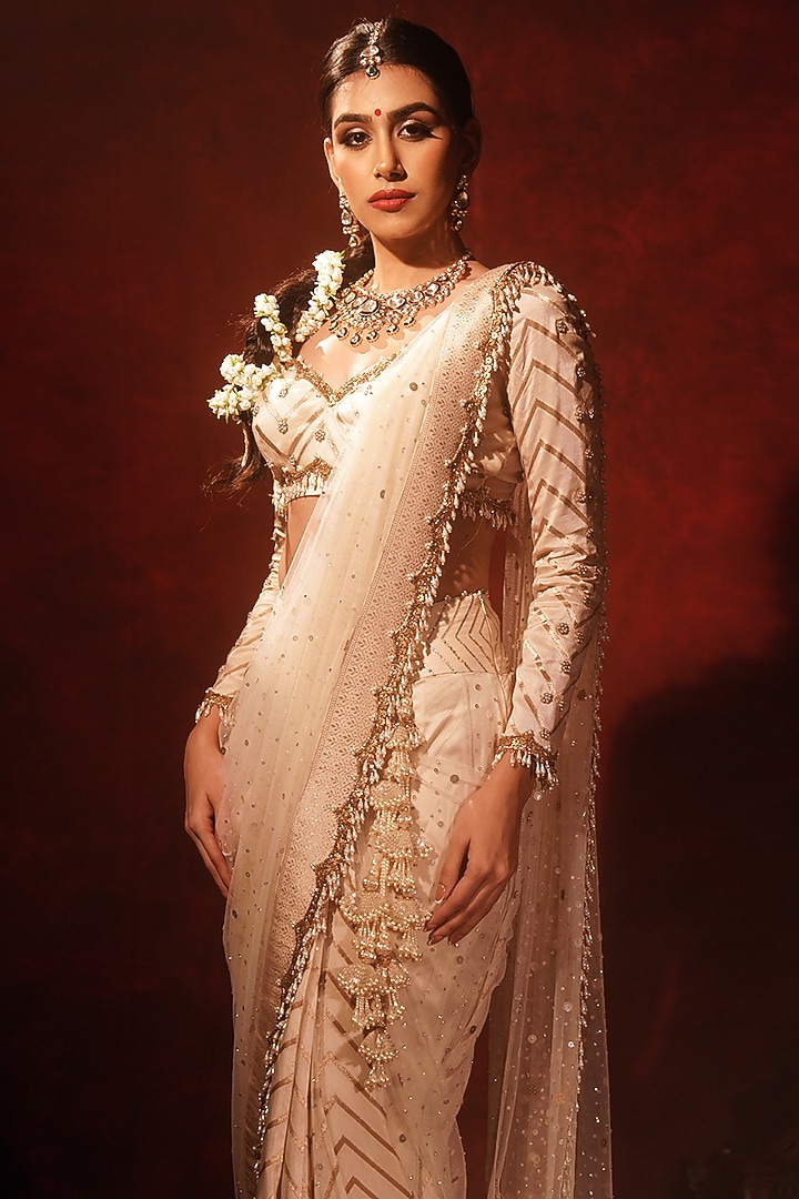 Ivory Brocade Silk & Net Embroidered Kali Reception Saree Set by Archana Kochhar at Pernia's Pop Up Shop