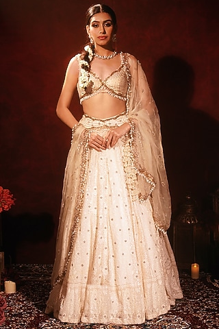 Ivory Lucknowi Embroidered Lehenga Set by Archana Kochhar
