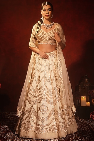 Ivory Raw Silk Embroidered Lehenga Set by Archana Kochhar