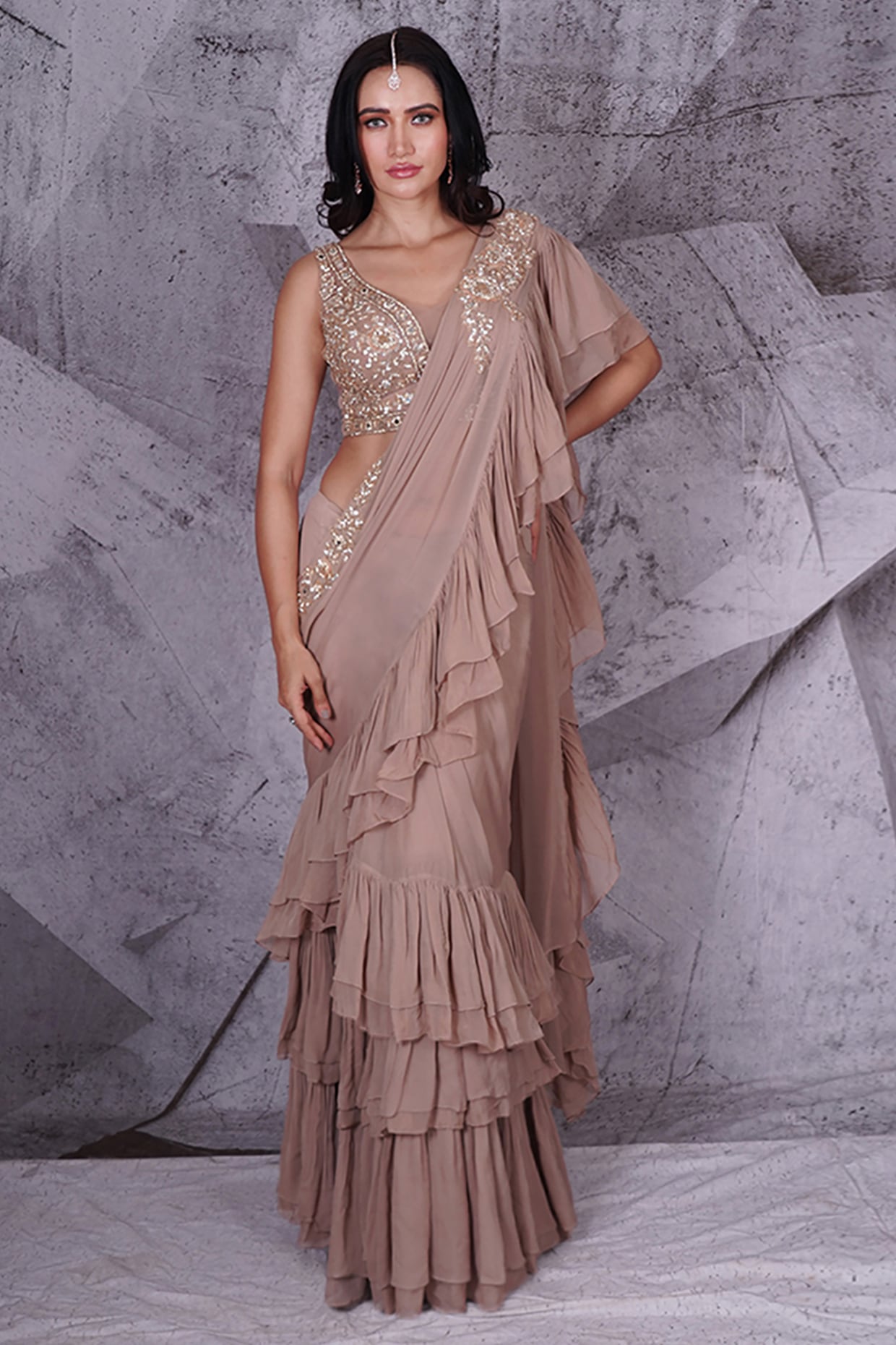 Ready to wear georgette ruffle saree with blouse.