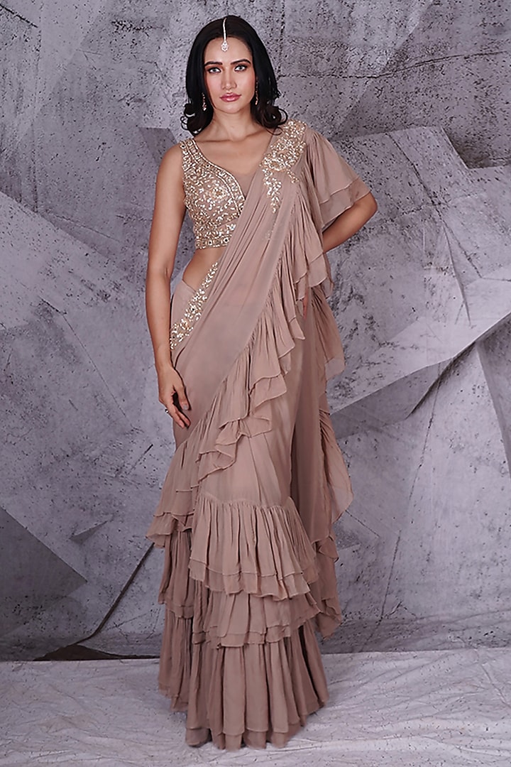 Beige Georgette 3D Floral Gold Embroidered Ruffled Saree Set by Archana Kochhar at Pernia's Pop Up Shop