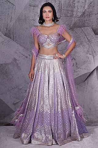Lavender Georgette Lucknowi Embellished Shimmer Lehenga Set by Archana Kochhar