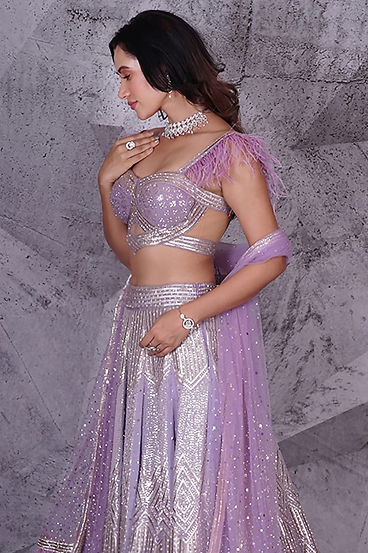 Lavender Georgette Lucknowi Embellished Shimmer Wedding Lehenga Set by Archana Kochhar at Pernia's Pop Up Shop