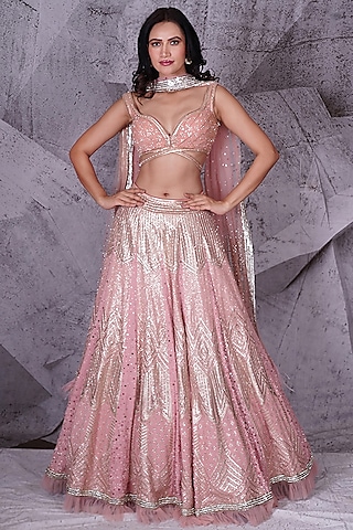 Pink Georgette Lucknowi Embellished Shimmer Lehenga Set by Archana Kochhar