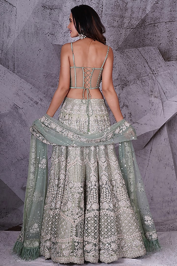 Pista Green Net Floral Embellished Bridal Lehenga Set by Archana Kochhar at Pernia's Pop Up Shop