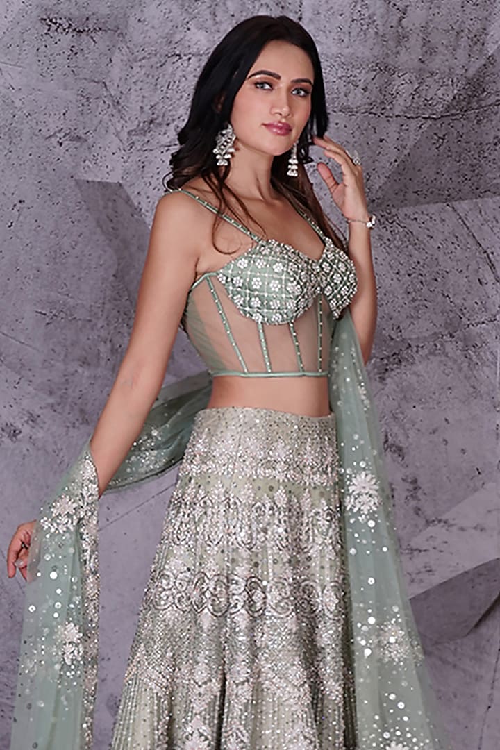 Pista Green Net Floral Embellished Bridal Lehenga Set by Archana Kochhar at Pernia's Pop Up Shop