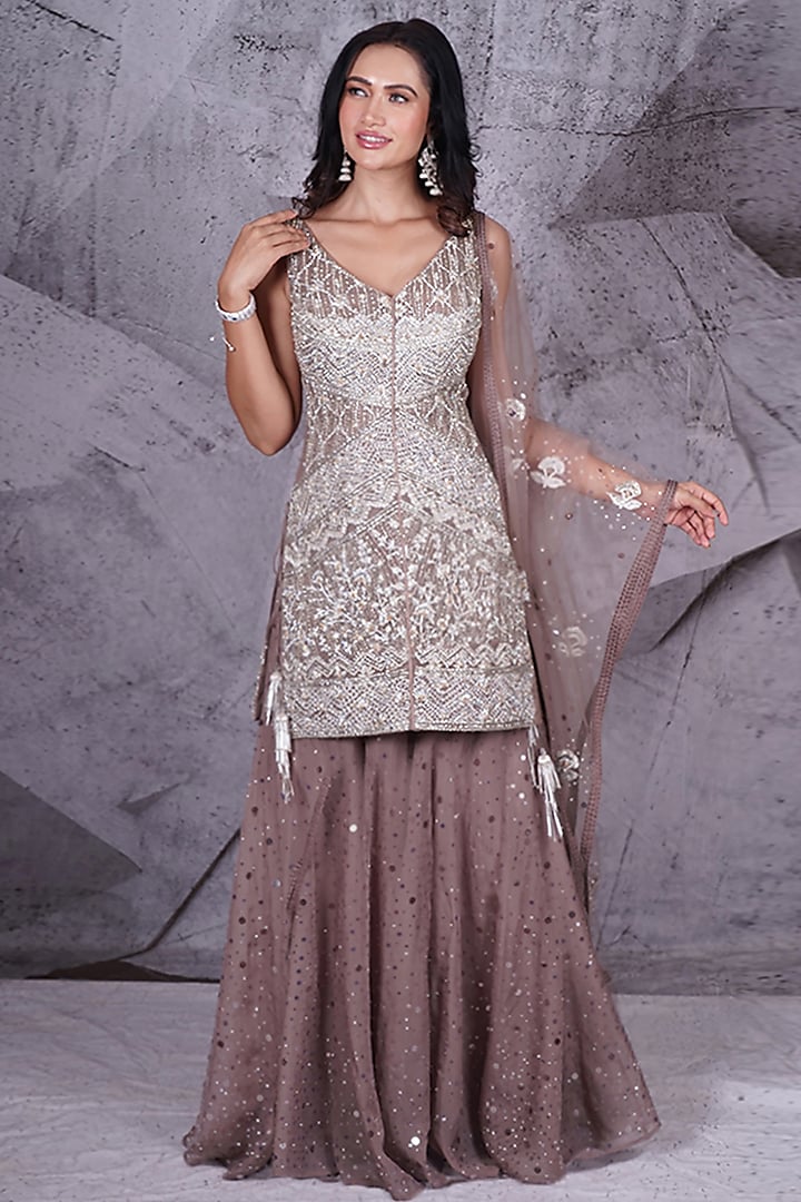 Grey Georgette Sequins Embroidered Kurta Set by Archana Kochhar