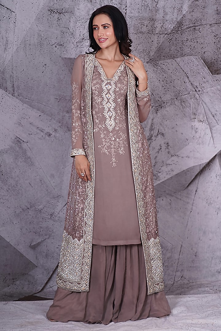 Grey Net Floral Embroidered Jacket Set by Archana Kochhar