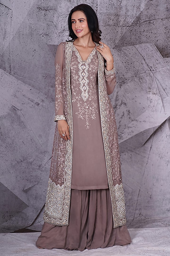 Grey Net Floral Embroidered Jacket Set by Archana Kochhar at Pernia's Pop Up Shop