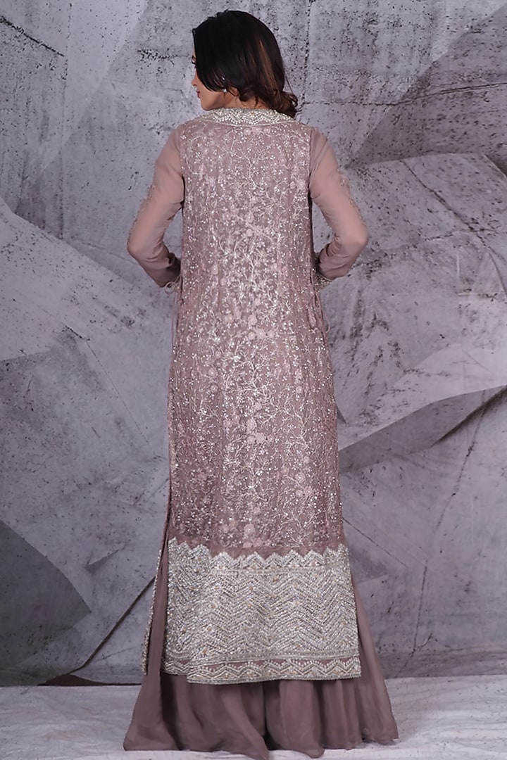 Grey Net Floral Embroidered Jacket Set by Archana Kochhar at Pernia's Pop Up Shop